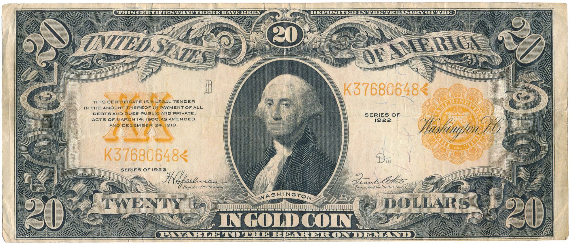 USA. 20 dolarów 1922 Gold certificate, Large size, seria K